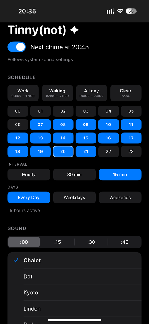 Tinny(not) main screen with the hour grid and chime switch