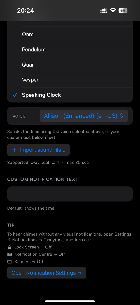 Tinny(not) with the speaking clock selected, its voice picker, sound import and the custom notification text field
